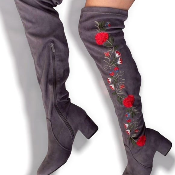 🛑🆕Embroidered Vegan Suede Over-the-Knee Boot - Picture 4 of 7